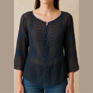 Free People Y2K Cotton Embroidered sheer top blouse front button shirt Navy M